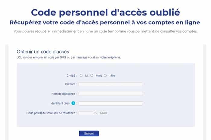 Compte LCL - Code d'accès oublié