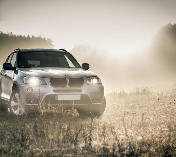 Bmw x3 dans un champ avec brouillard.