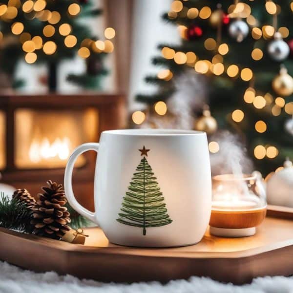 Une Tasse Avec Un Sapin De Noël Se Trouve Sur Un Plateau.