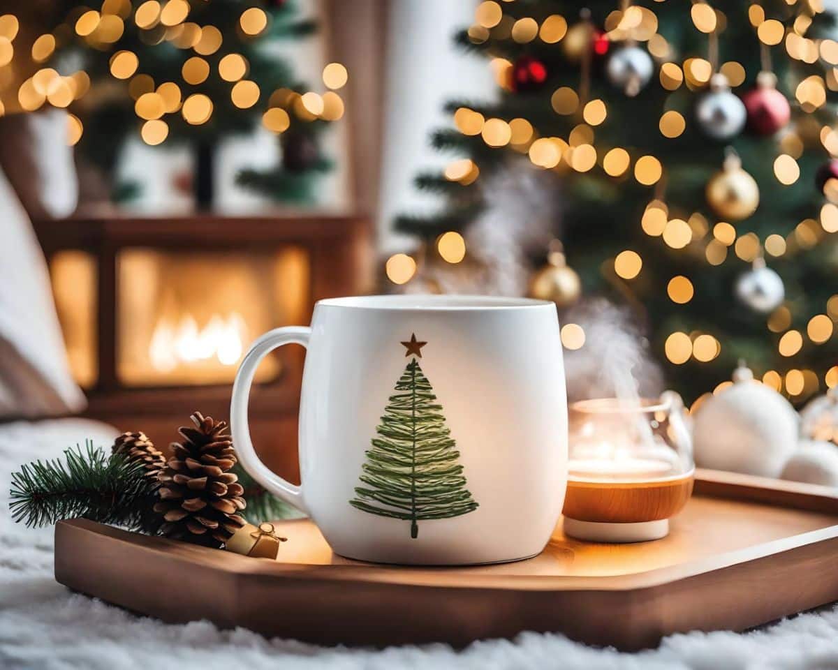 Une Tasse Avec Un Sapin De Noël Se Trouve Sur Un Plateau.