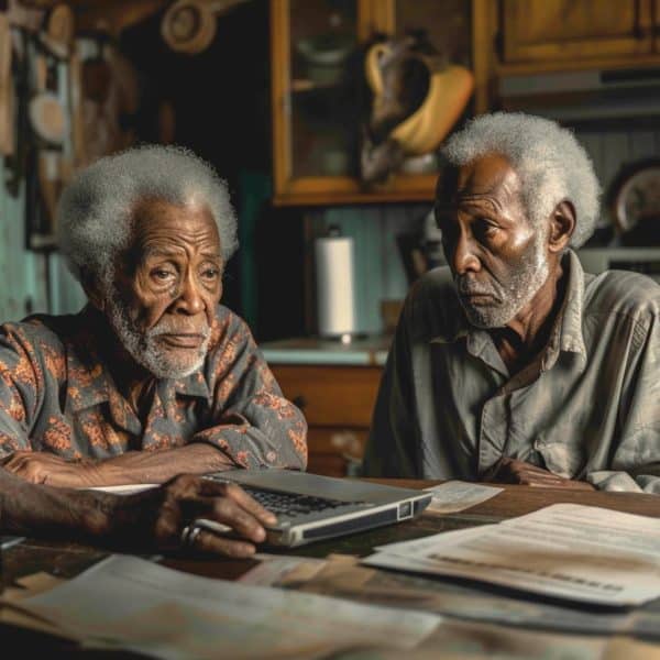 Deux Hommes Plus âgés Assis à Une Table Et Regardant Un Ordinateur Portable.