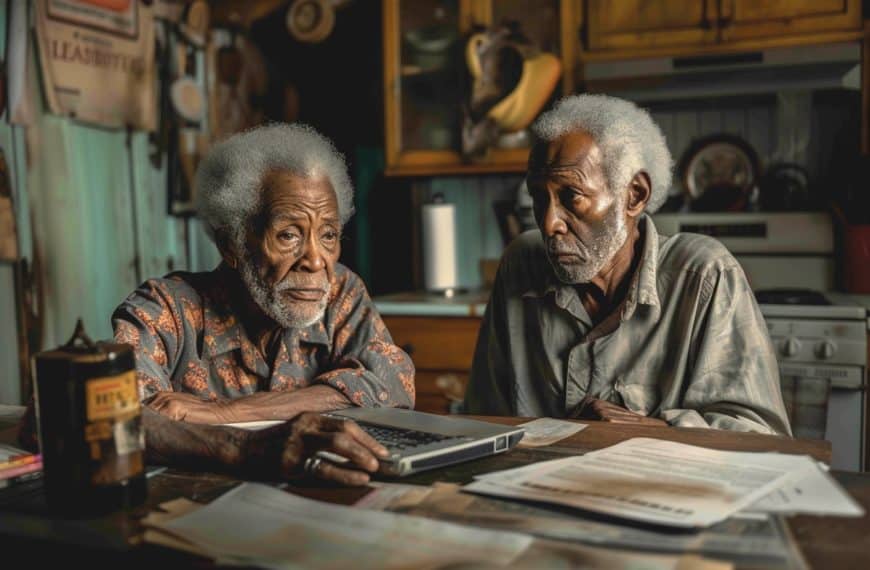 Deux Hommes Plus âgés Assis à Une Table Et Regardant Un Ordinateur Portable.