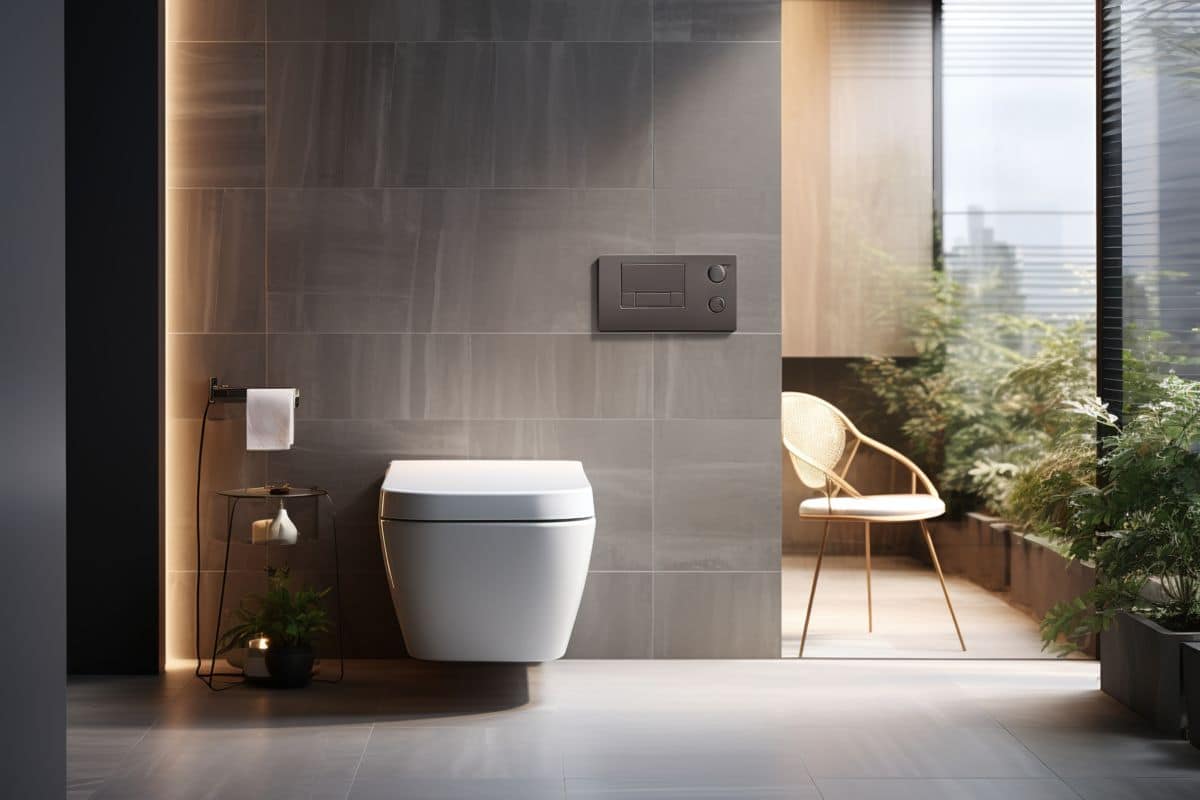 Une Salle De Bain Moderne Avec Toilettes Et Plantes.