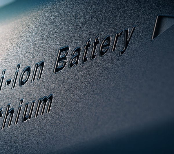 Gros Plan D'une Surface Avec Le Texte « Li Ion Battery » Et « Lithium » En Relief, Indiquant Le Type De Batterie.