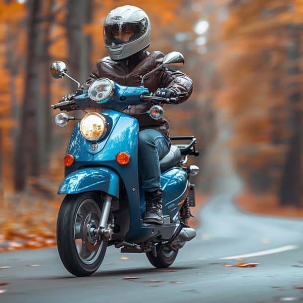 Une Personne Portant Un Casque Et Une Veste En Cuir Conduit Un Scooter Bleu à Travers Une Forêt D'automne Aux Feuilles D'oranger.