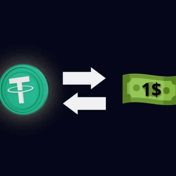 Une pièce de crypto-monnaie Tether (USDT) est affichée à gauche avec des flèches bidirectionnelles pointant vers un billet d'un dollar à droite, illustrant la conversion entre Tether et le dollar américain.