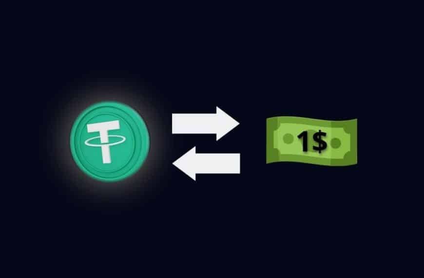 Une pièce de crypto-monnaie Tether (USDT) est affichée à gauche avec des flèches bidirectionnelles pointant vers un billet d'un dollar à droite, illustrant la conversion entre Tether et le dollar américain.