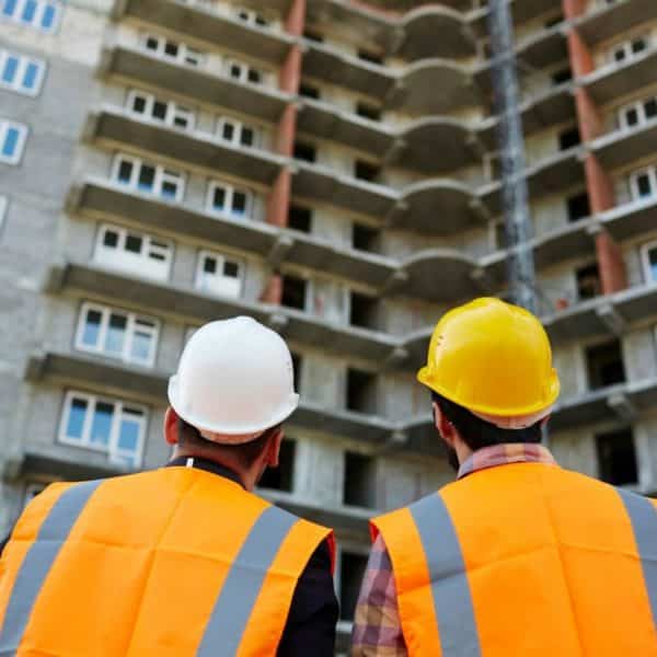 Deux Ouvriers Du Bâtiment Portant Des Gilets De Sécurité Orange Et Des Casques De Sécurité Observent Un Immeuble Inachevé à Plusieurs étages.