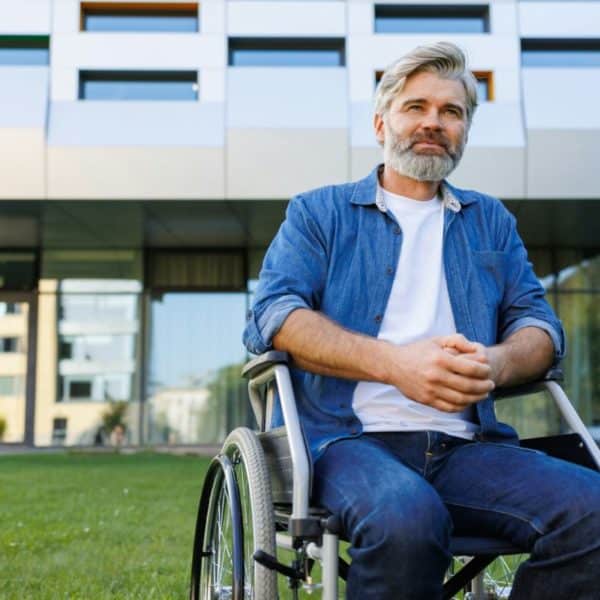 Accessible Healthcare: A Man in Wheelchair by the Clinic