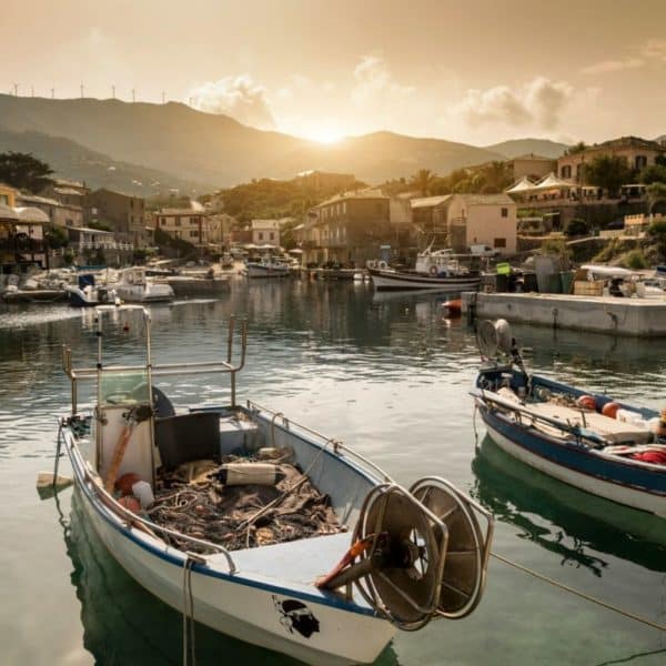 Deux petits bateaux de pêche amarrés dans un port calme au coucher du soleil en Corse, entourés de maisons et de montagnes en arrière-plan.