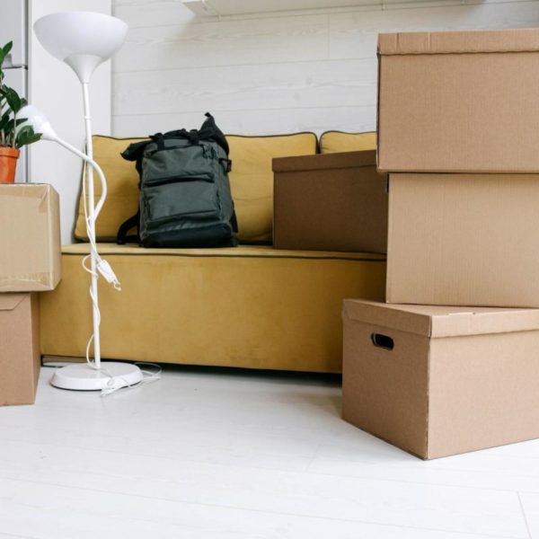 Plusieurs Cartons, Une Plante En Pot, Un Lampadaire Blanc Et Un Sac à Dos Sont Disposés Près D'un Canapé Jaune.