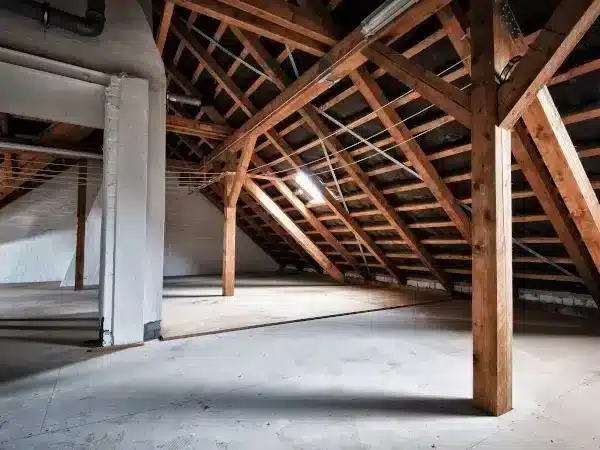 Grenier Non Aménagé Avec Poutres En Bois, Chevrons Apparents Et Plancher Nu, éclairé Par La Lumière Naturelle.