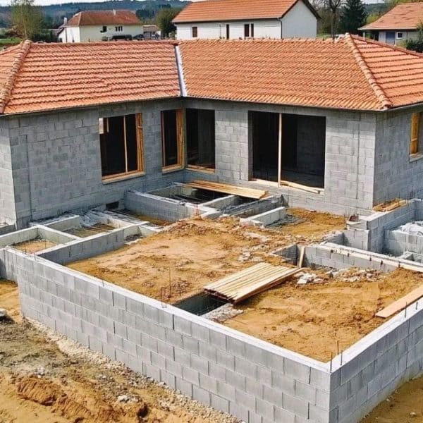Maison De Plain Pied En Construction, Avec Un Toit En Tuiles Rouges Et Des Murs En Parpaings. Les Fondations Sont Visibles Et Des Matériaux De Construction Sont Présents Sur Le Terrain.