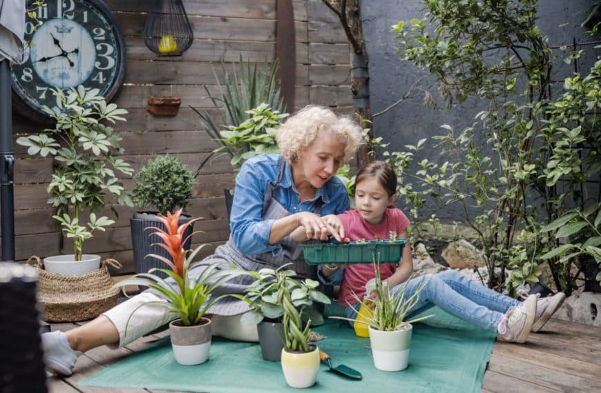 Une Femme âgée Et Une Jeune Fille Sont Assises Sur Un Tapis Dans Leur Petit Jardin, Disposant Des Plantes Dans Des Pots. Une Grande Horloge Orne La Clôture En Bois Derrière Elles, Veillant Avec Douceur Sur Leurs Moments De Sérénité Au Jardin.