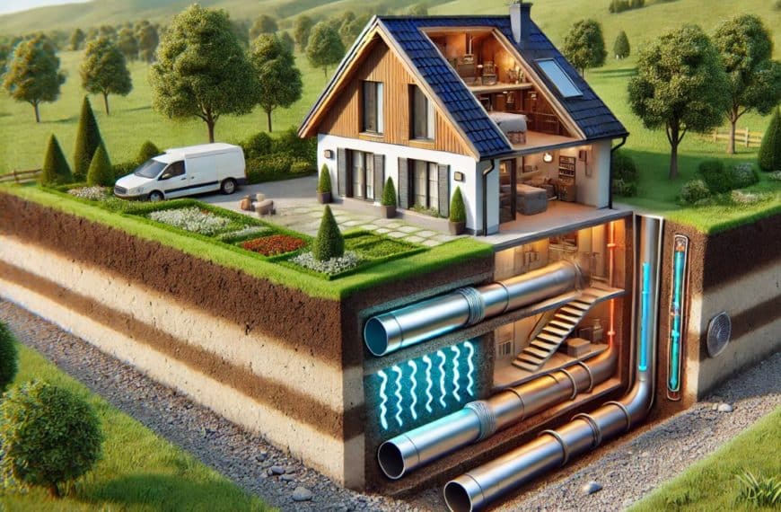 Illustration D'une Maison Avec Vue En Coupe Montrant Des Canalisations Souterraines, Des Systèmes De Chauffage Et Un Puits Canadien. La Maison Est Dotée De Panneaux Solaires Et D'un Jardin Paysager, Située Dans Un Environnement Rural.