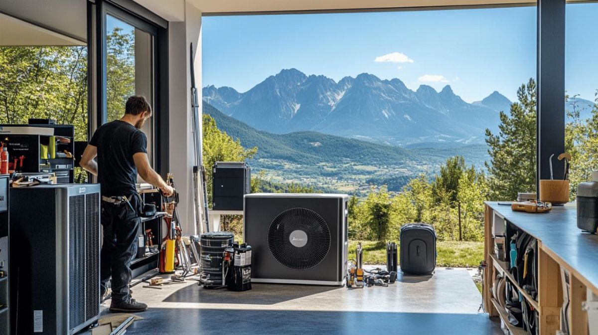 Une Personne Travaille Dans Une Pièce Moderne Avec Des Outils Et Du Matériel, à Côté D'une Grande Fenêtre Ouverte Donnant Sur Un Paysage De Montagne Pittoresque.