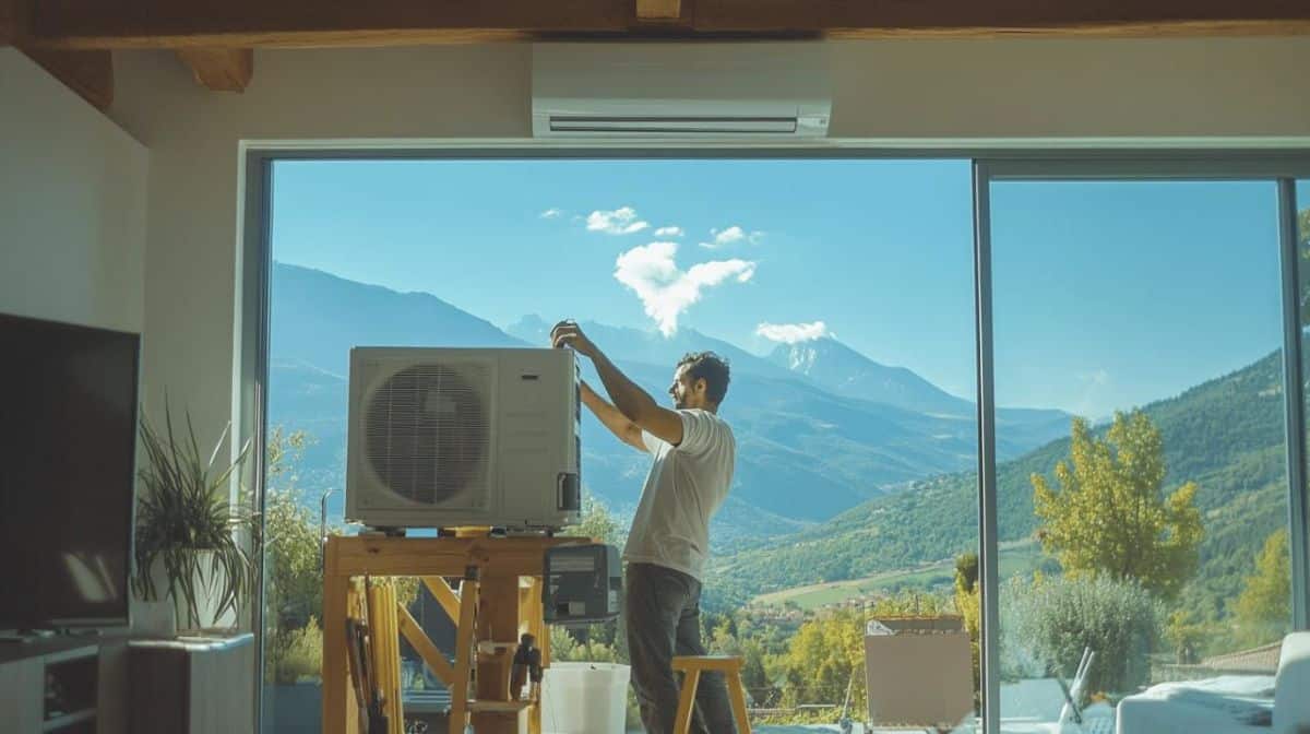 Un Homme Se Tient à L'intérieur à Côté D'un Climatiseur Sur Une Table, Avec De Grandes Fenêtres Montrant Les Montagnes Et La Verdure à L'extérieur.