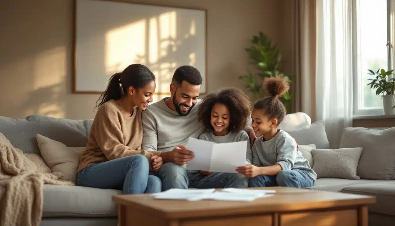 Une Famille De Quatre Personnes Est Assise Sur Un Canapé, Souriant Et Regardant Des Documents Ou Des Papiers Dans Leur Salon.
