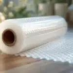 Un Rouleau De Papier Bulle Transparent Est Posé Sur Une Surface En Bois, Avec Des Vases Et Des Plantes En Arrière Plan.
