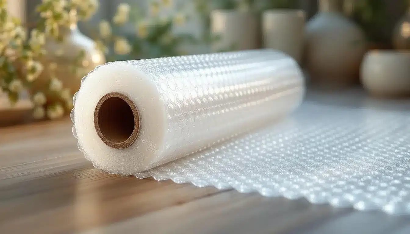 Un Rouleau De Papier Bulle Transparent Est Posé Sur Une Surface En Bois, Avec Des Vases Et Des Plantes En Arrière Plan.