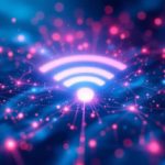 Symbole Wi Fi Lumineux Au Centre D'un Réseau Numérique Dynamique Avec Des Lumières Roses Et Bleues Reliées Par Des Lignes, Représentant La Connectivité Sans Fil Et Le Transfert De Données.