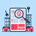 Illustration D'une Tablette Montrant Une Recherche Immobilière, Avec En Arrière Plan Des épingles De Carte, Une Barre De Recherche, Une Loupe, Des Bâtiments, Des Maisons Et Des Clés.