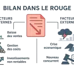 Infographie Intitulée "bilan Dans Le Rouge" Montrant Les Facteurs Internes Et Externes De Perte Financière, Tels Que La Baisse Des Ventes, Les Mauvais Investissements, La Crise économique Et La Nouvelle Concurrence.
