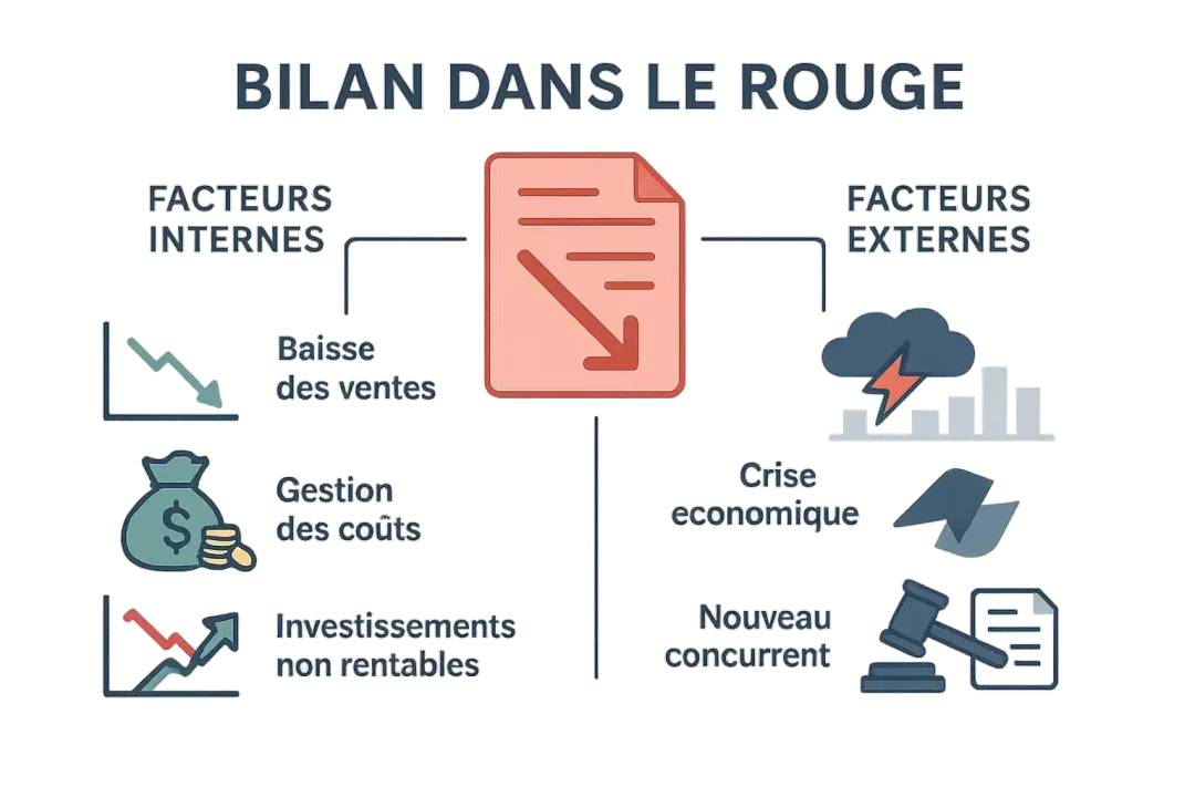 Infographie Intitulée "bilan Dans Le Rouge" Montrant Les Facteurs Internes Et Externes De Perte Financière, Tels Que La Baisse Des Ventes, Les Mauvais Investissements, La Crise économique Et La Nouvelle Concurrence.