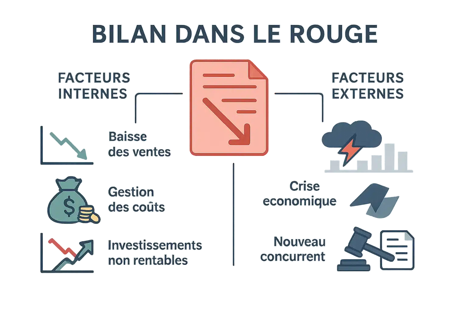 Infographie Intitulée "bilan Dans Le Rouge" Montrant Les Facteurs Internes Et Externes De Perte Financière, Tels Que La Baisse Des Ventes, Les Mauvais Investissements, La Crise économique Et La Nouvelle Concurrence.