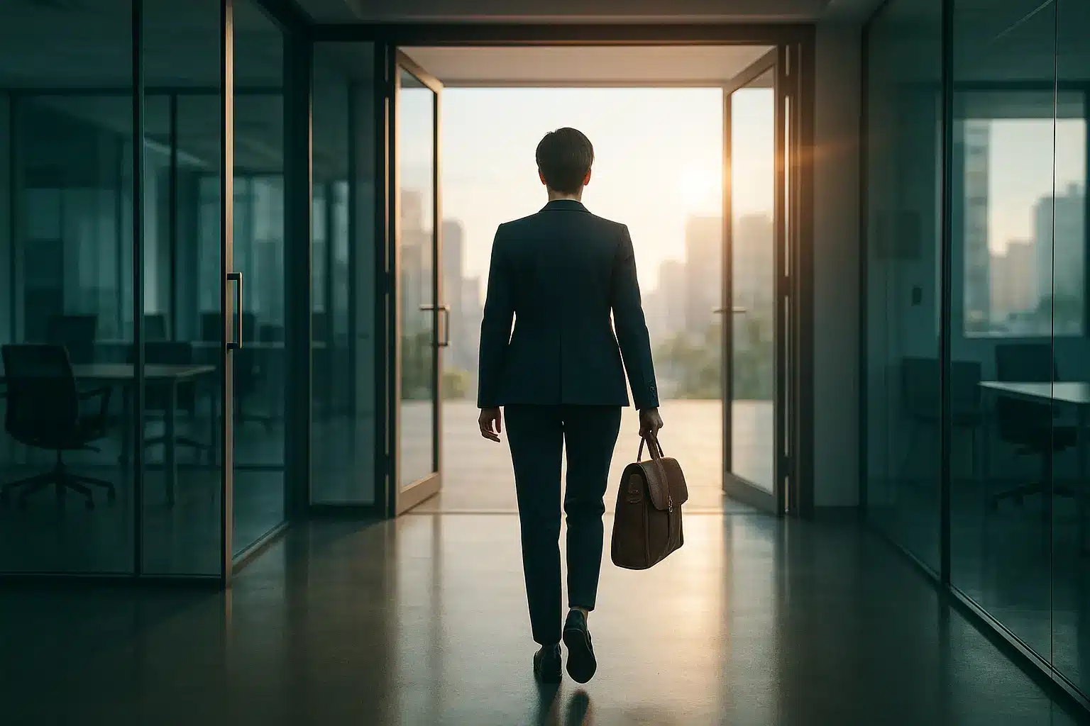 Une Personne En Costume Portant Une Mallette Marche Dans Un Couloir De Bureau Vers Des Portes Ouvertes Avec Un Horizon Urbain Visible Au Loin Au Lever Ou Au Coucher Du Soleil.