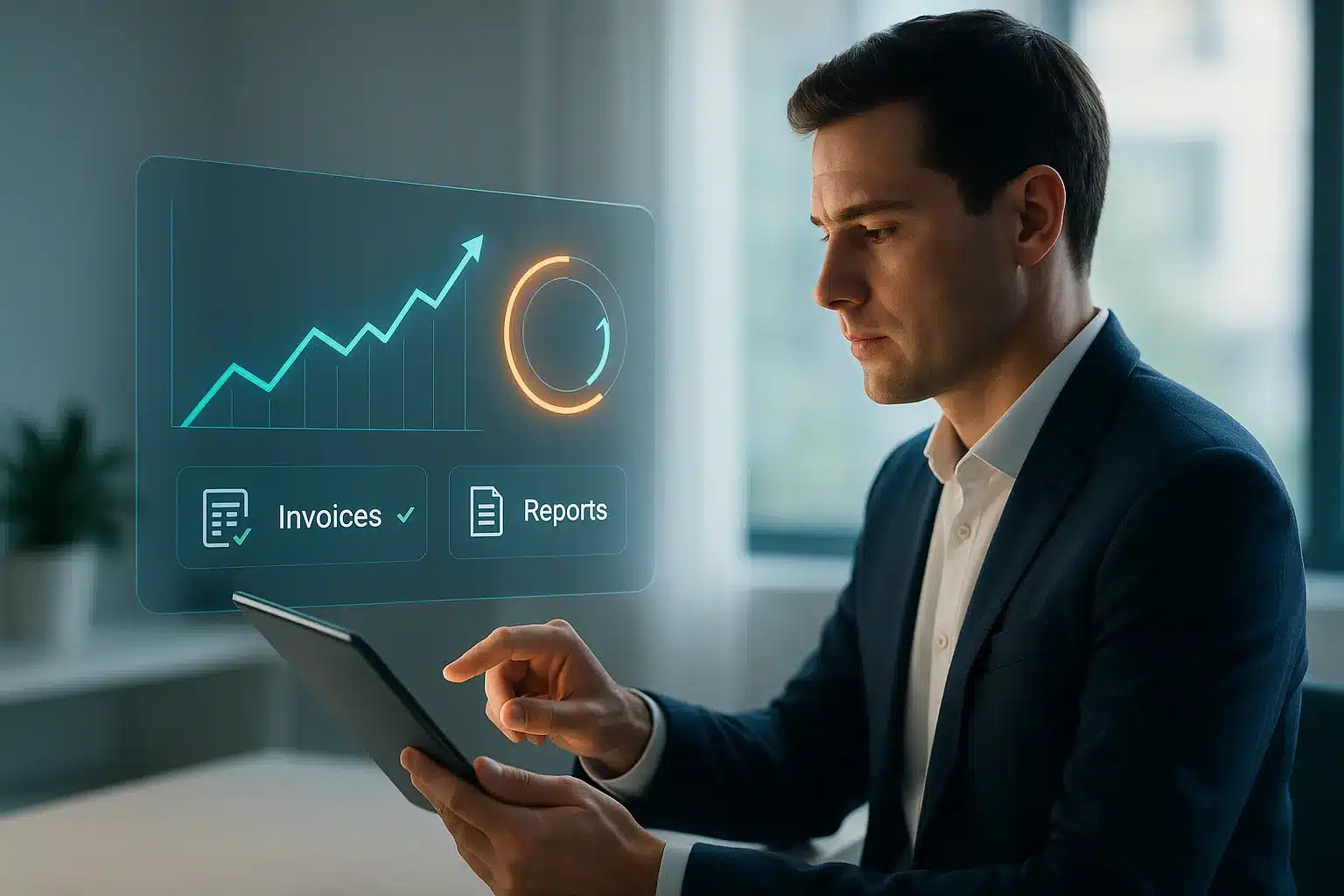 Un Homme En Costume Utilise Une Tablette Dont Les Graphiques Virtuels Affichent Un Diagramme Ascendant, Un Indicateur De Progression Circulaire Et Des Icônes Intitulées "factures" Et "rapports".