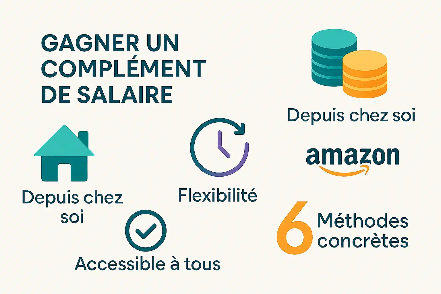 Infographie En Français Sur Les Revenus Complémentaires, Avec Des Icônes Pour Le Travail à Domicile, La Flexibilité, L'accessibilité, Amazon, Et Six Méthodes Concrètes.