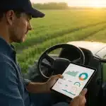 Une Personne Dans La Cabine D'un Tracteur Regarde Une Tablette Affichant Des Tableaux De Données Et Des Graphiques, Les Champs De Culture étant Visibles Par La Fenêtre Au Coucher Du Soleil.