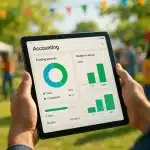 Lors D'un événement En Plein Air, Une Personne Tient Une Tablette Affichant Des Tableaux Et Des Graphiques Comptables, Y Compris Les Sources De Financement, Le Budget Et Le Budget Par Rapport à La Réalité.