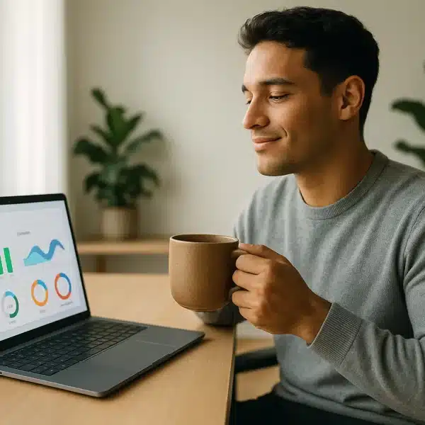 Une Personne Est Assise à Un Bureau, Tenant Une Tasse Et Regardant Un écran D'ordinateur Portable Affichant Des Tableaux Et Des Graphiques Comptables.