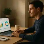 Une Personne Est Assise à Un Bureau Et Utilise Un Ordinateur Portable Affichant Des Graphiques Et Des Tableaux Comptables, Avec Un Carnet, Un Stylo Et Une Tasse à Café à Proximité.