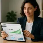 Une Femme En Tenue De Travail Consulte Des Tableaux Financiers Et Un Chiffre D'affaires De 12 500 Dollars Sur Une Tablette, à Un Bureau.