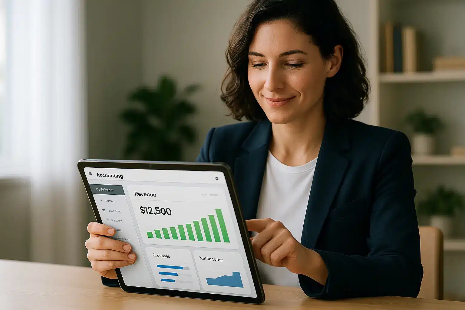 Une Femme En Tenue De Travail Consulte Des Tableaux Financiers Et Un Chiffre D'affaires De 12 500 Dollars Sur Une Tablette, à Un Bureau.