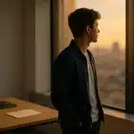 Une Personne Se Tient Près De La Fenêtre D'un Bureau Au Coucher Du Soleil, Regardant Un Paysage Urbain. Un Ordinateur Portable Et Des Documents Sont Posés Sur Le Bureau Derrière Eux.