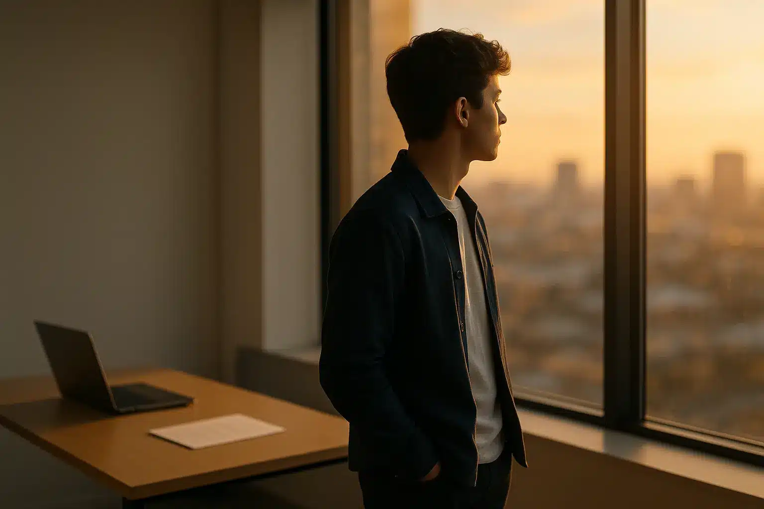 Une Personne Se Tient Près De La Fenêtre D'un Bureau Au Coucher Du Soleil, Regardant Un Paysage Urbain. Un Ordinateur Portable Et Des Documents Sont Posés Sur Le Bureau Derrière Eux.