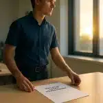Une Personne Debout Près D'un Bureau Avec Un Document Intitulé "avis De Divorce" Dans Un Bureau, La Lumière Du Soleil Entrant Par La Fenêtre.