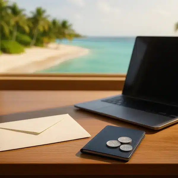 Un Ordinateur Portable Fermé, Une Enveloppe Et Un Passeport Avec Des Pièces De Monnaie Reposent Sur Un Bureau En Bois Près D'une Fenêtre Donnant Sur Une Plage Tropicale.