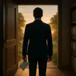 Une Personne En Costume Se Tient Dans L'embrasure De La Porte D'un Bureau, Une Enveloppe à La Main, Et Regarde Un Paysage Ensoleillé Avec Des Arbres.