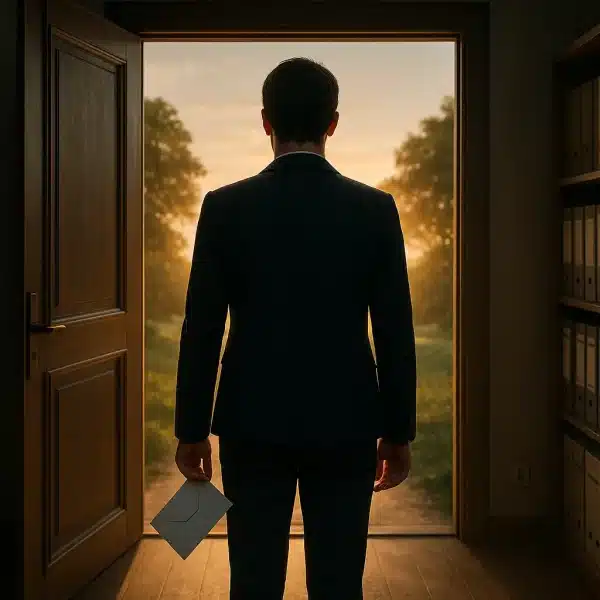 Une Personne En Costume Se Tient Dans L'embrasure De La Porte D'un Bureau, Une Enveloppe à La Main, Et Regarde Un Paysage Ensoleillé Avec Des Arbres.