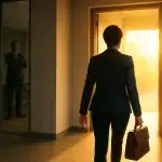 Une Personne En Costume D'affaires Portant Une Mallette Se Dirige Vers Une Porte éclairée Par Le Soleil, Une Autre Personne Se Tenant Dans Un Bureau Derrière Des Murs En Verre à L'arrière Plan.