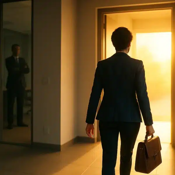 Une Personne En Costume D'affaires Portant Une Mallette Se Dirige Vers Une Porte éclairée Par Le Soleil, Une Autre Personne Se Tenant Dans Un Bureau Derrière Des Murs En Verre à L'arrière Plan.