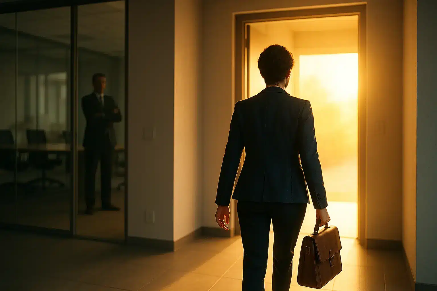 Une Personne En Costume D'affaires Portant Une Mallette Se Dirige Vers Une Porte éclairée Par Le Soleil, Une Autre Personne Se Tenant Dans Un Bureau Derrière Des Murs En Verre à L'arrière Plan.