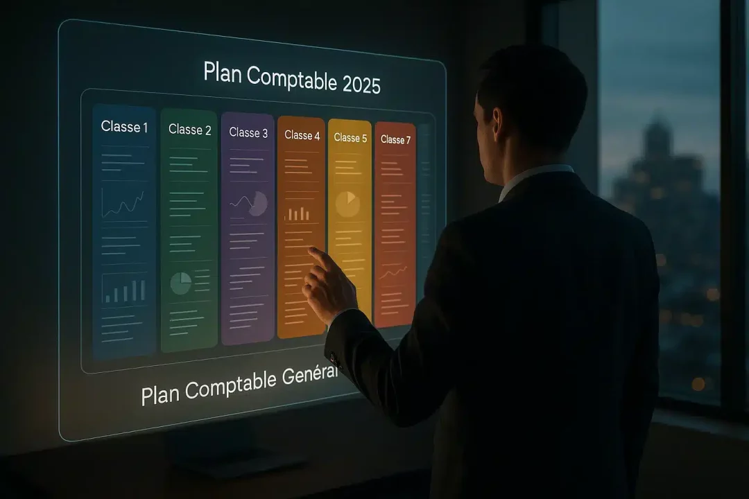 Une Personne En Tenue De Travail Interagit Avec Un écran Numérique Affichant Le "plan Comptable 2025" Avec Des Classes Et Des Tableaux De Comptabilité Codés Par Couleur Dans Un Bureau.