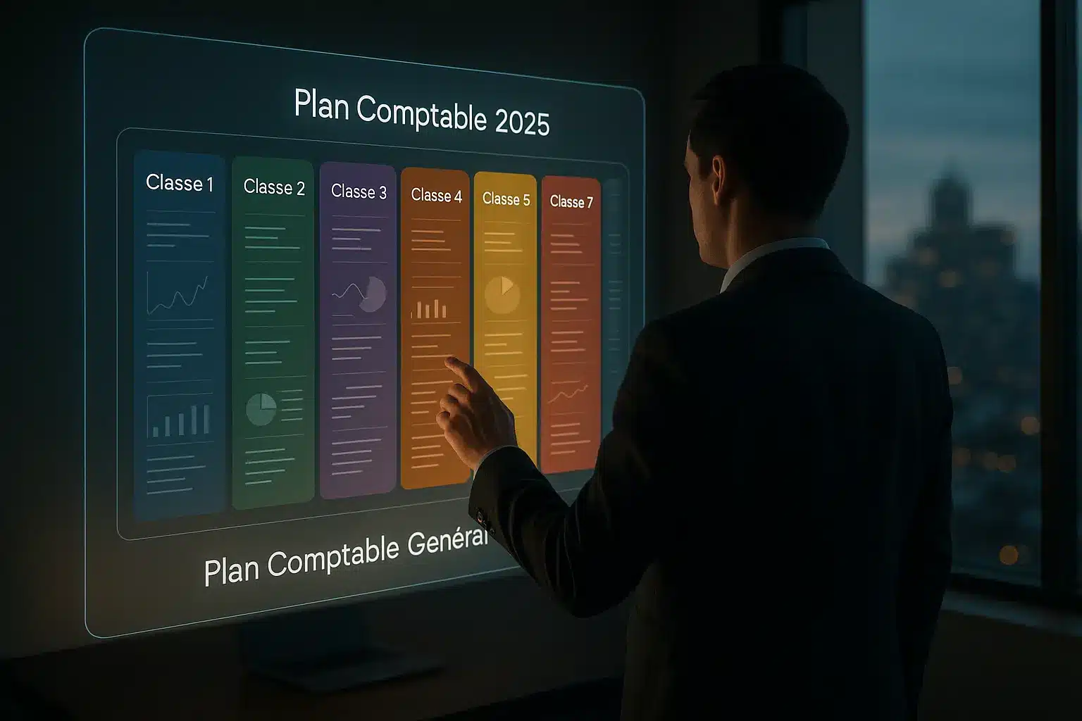 Une Personne En Tenue De Travail Interagit Avec Un écran Numérique Affichant Le "plan Comptable 2025" Avec Des Classes Et Des Tableaux De Comptabilité Codés Par Couleur Dans Un Bureau.