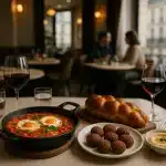 Une Table Garnie De Shakshuka, De Falafel, De Houmous, De Pain Tressé, De Deux Verres De Vin Rouge Et D'eau, Avec Un Couple Assis à Une Table à L'arrière Plan Près D'une Fenêtre.